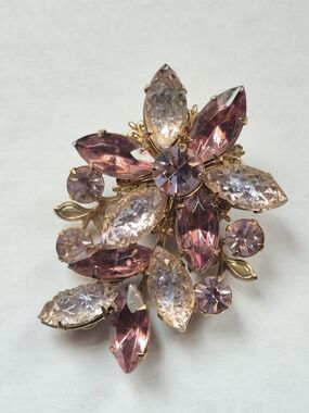 Vintage Pink Rhinestone Flower Brooch Gold Tone Marquise Navette Ice Rhinestones